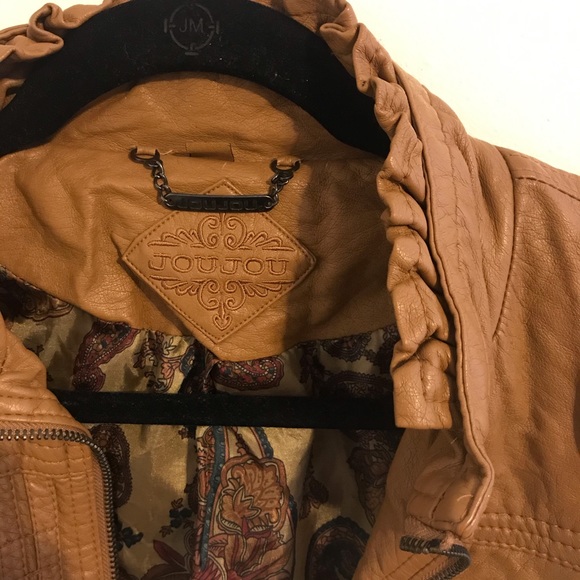 Camel Vegan Leather Jacket Ruffle Neck - Picture 2 of 8